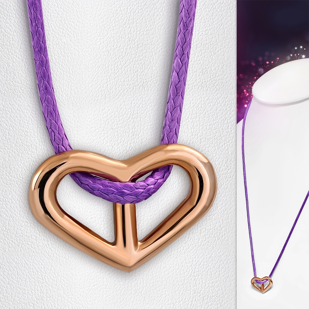 Rose /Pink Gold Color Plated Stainless Steel Love Heart Charm Self-Tie Purple/ Violet Rope Necklace - MPC001