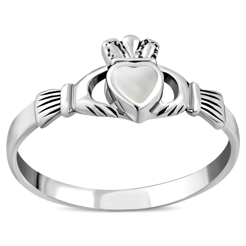 Celtic Stone Rings: Mother of Pearl Irish Claddagh Silver Ring, r546