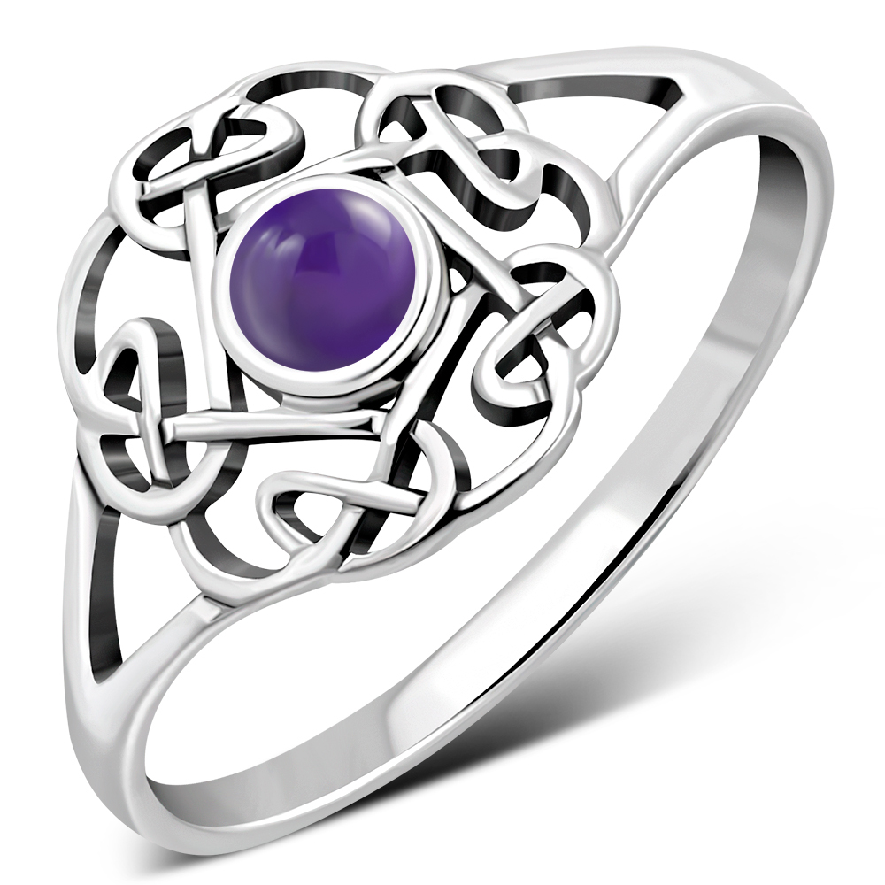 Amethyst Stone Round Celtic Knot Silver Ring - r596