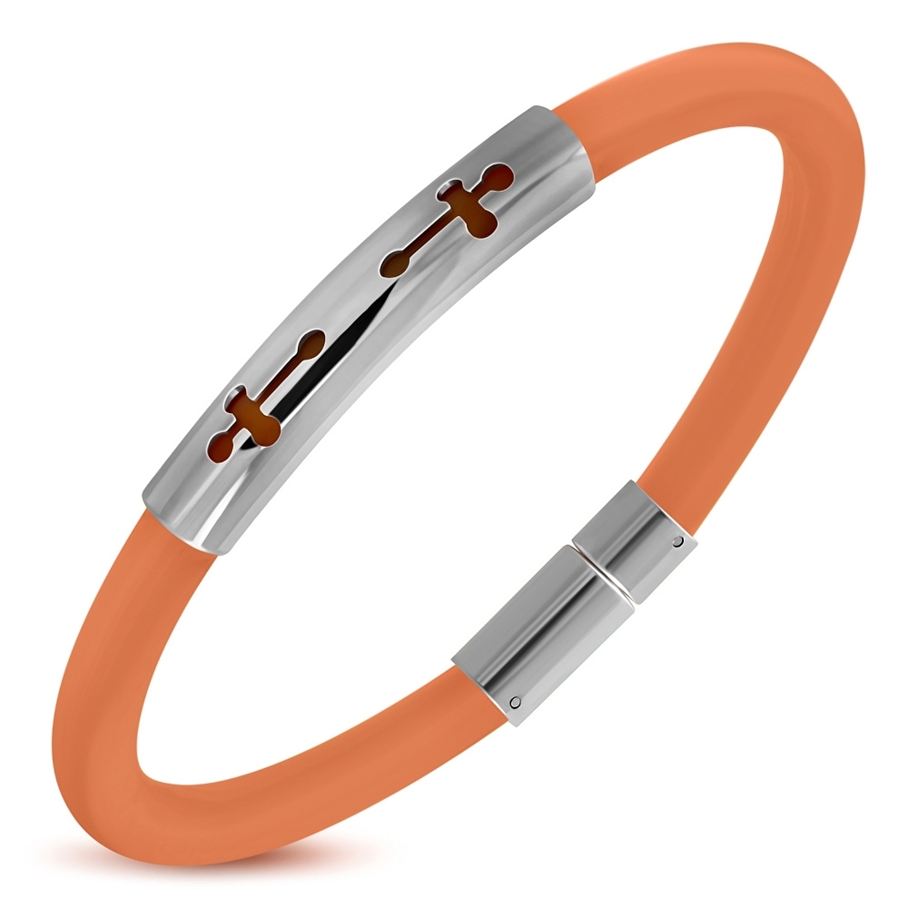 Orange Rubber w/ Stainless Steel Cut-out Budded Cross Watch-Style Bracelet - TCL128