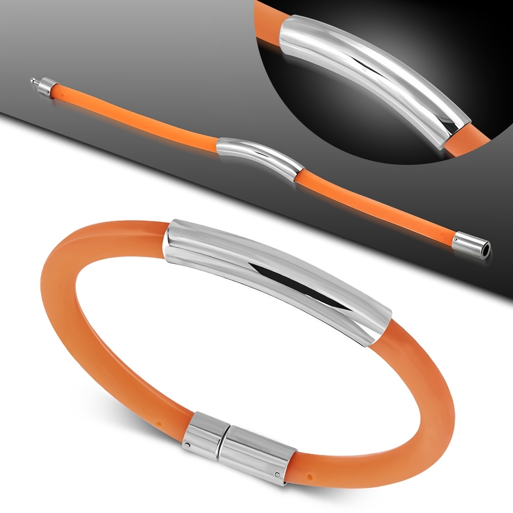 Orange Rubber Butterfly Buckle Push Button Bracelet w/ Stainless Steel Engravable Watch-Style ID Bracelet - XXZ021
