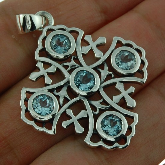 Christian Stone Pendants: Large Blue Topaz Jerusalem Cross Silver