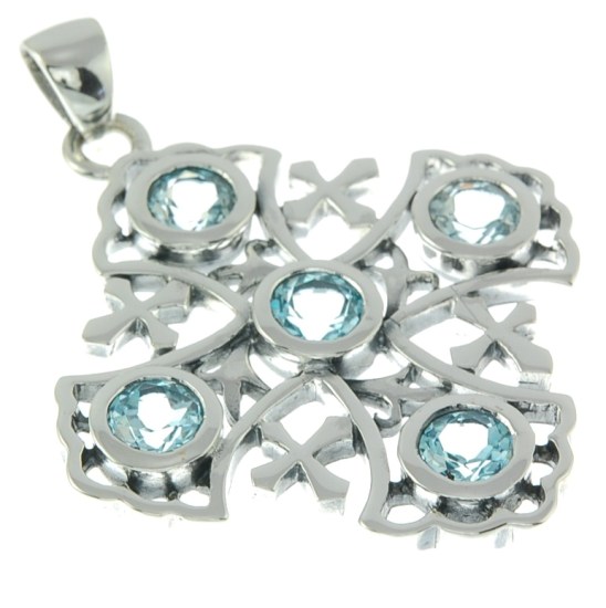 Christian Stone Pendants: Large Blue Topaz Jerusalem Cross Silver