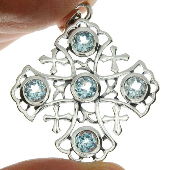 Christian Stone Pendants: Large Blue Topaz Jerusalem Cross Silver