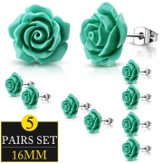 5 PAIRS 16mm Stainless Steel w/ Light Green Resin Rose Flower Stud Earrings (pair) - AEH123