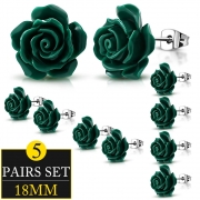 5 PAIRS 18mm Stainless Steel w/ Dark Green Resin Rose Flower Stud Earrings (pair) - AEH134