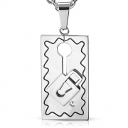 Stainless Steel 2-tone Cut-out Key Padlock Razor Blade Style Tag Charm Pendant w/ Clear CZ - DPA187