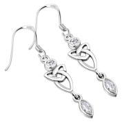 Clear CZ Long Celtic Trinity Dangling Silver Earrings - e213