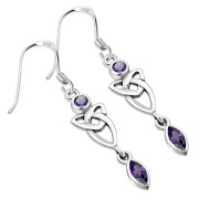 Amethyst CZ Long Celtic Trinity Knot Silver Earrings - e213