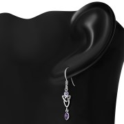 Amethyst CZ Long Celtic Trinity Knot Silver Earrings - e213