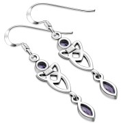 Amethyst CZ Long Celtic Trinity Knot Silver Earrings - e213