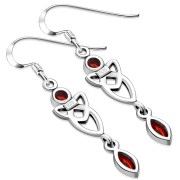 Garnet CZ Long Trinity Knot Dangling Silver Earrings - e213