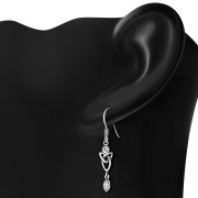 Clear CZ Long Celtic Trinity Dangling Silver Earrings - e213