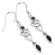 Black Onyx Long Celtic Trinity Knot Silver Earrings, e213