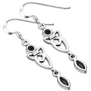 Black Onyx Long Celtic Trinity Knot Silver Earrings, e213