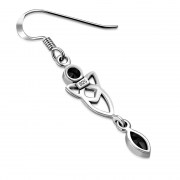 Black Onyx Long Celtic Trinity Knot Silver Earrings, e213