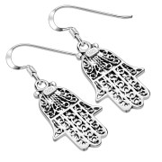 filigree work Hamsa Earring w Blue CZ, e270