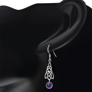Dangle Amethyst Stone Celtic Knot Silver Earrings - e308