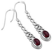 Garnet Long Celtic Knot Silver Earrings - e311