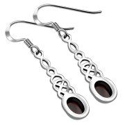 Garnet Long Celtic Knot Silver Earrings - e311