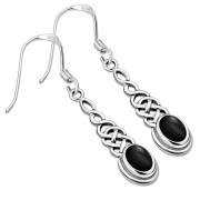 Black Onyx Long Celtic Silver Earrings - e311