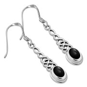Black Onyx Long Celtic Silver Earrings - e311