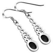 Black Onyx Long Celtic Silver Earrings - e311