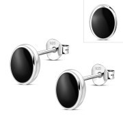 Large Black Onyx Oval Stud Silver Earrings, e313