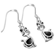 Cat Silver Earrings w Drop Shaped Black Onyx, e318