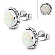 Round Synthetic Sun and Ice Opal Stud Silver Earrings, e337