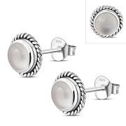 Round Rose Quartz Stud Silver Earrings, e337