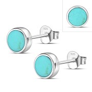 Turquoise Circle Round Sterling Silver Stud Earrings, E364