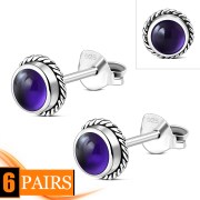6pairs, Amethyst Round Stud Silver Earrings - e369
