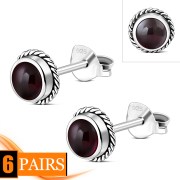 6pairs, Garnet Round Stud Silver Earrings - e369
