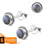 6pairs, Labradorite Round Stud Silver Earrings - e369