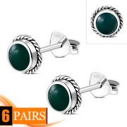 6pairs, Green Agate Round Stud Silver Earrings - e369