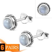 6pairs, Rainbow Moonstone Round Stud Silver Earrings - e369