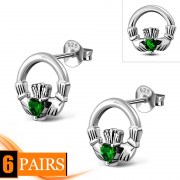 Green CZ Claddagh Stud Silver Earrings - e409