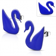 Stainless Steel Royal Blue Enameled Swan Stud Earrings (Pair) - EBB181