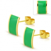 Gold Color Plated Stainless Steel Green Enameled Rectangle Stud Earrings (Pair) - EBB373