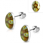 Stainless Steel Colorful Glass Flower Oval Stud Earrings (pair) - ERS031