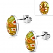Stainless Steel Colorful Glass Flower Oval Stud Earrings (pair) - ERS035