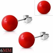 6mm Stainless Steel Red Resin Ball Stud Earrings (pair) - EWX042