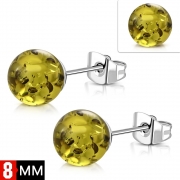 8mm Stainless Steel Green Amber Beads Ball Stud Earrings (pair) - EWX083