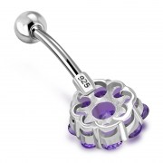 Amethyst CZ Round Victorian Style Silver Belly Ring, f120