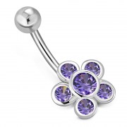Amethyst CZ Flower Belly Button Silver Navel Ring, f163