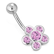 Pink CZ Flower Belly Button Silver Navel Ring, f163