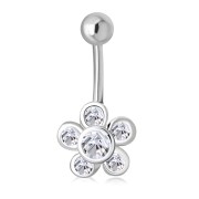 Clear CZ Flower Belly Button Silver Navel Ring, f163