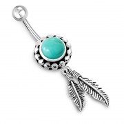  Native American Belly Ring w Turquoise 316L and Silver, f300