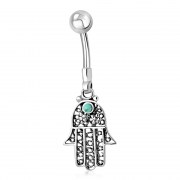 Hamsa Belly Button Navel Ring w Turquoise 316L Stainless and Silver - FBN335TQ